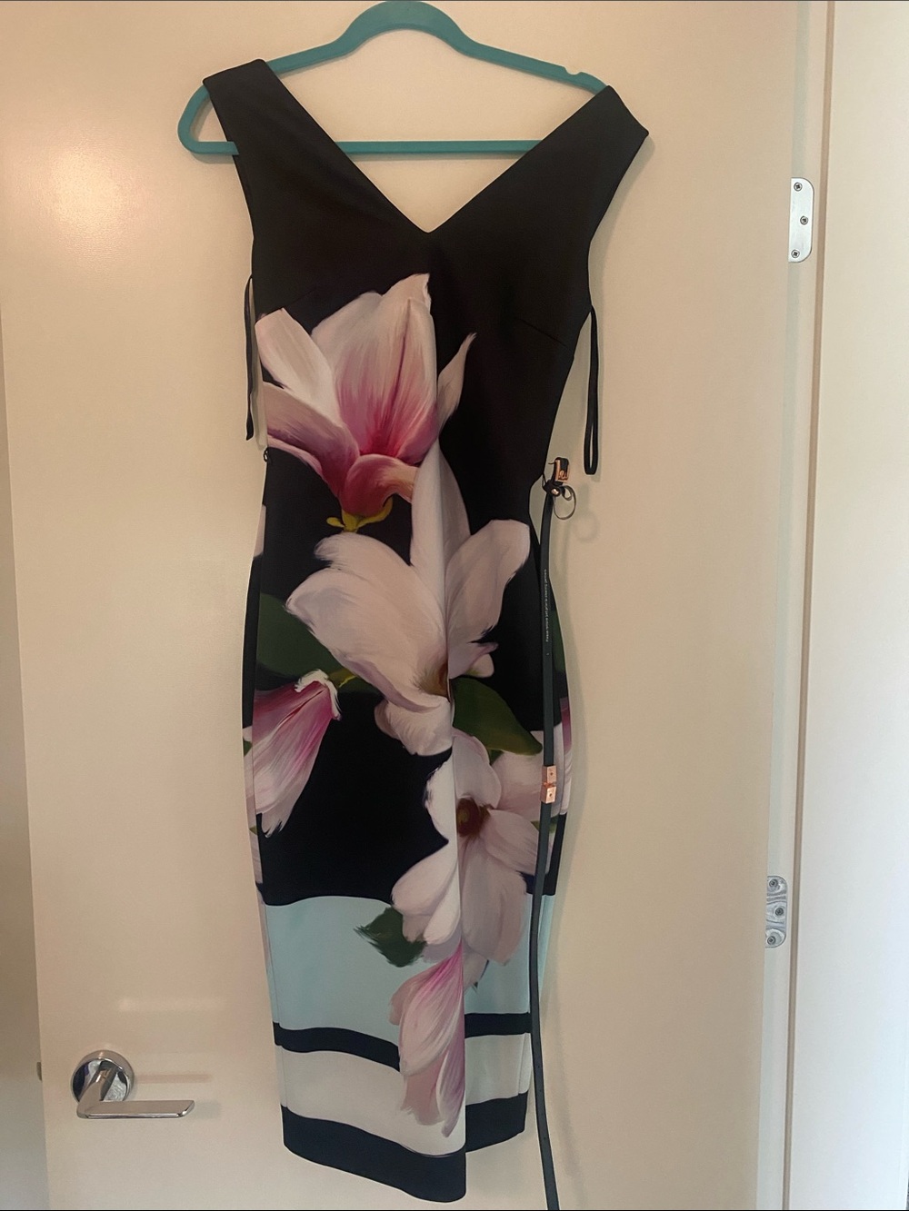 Ted Baker Black Midi Dress with Pink & White Magnolia Print. Sensational!
